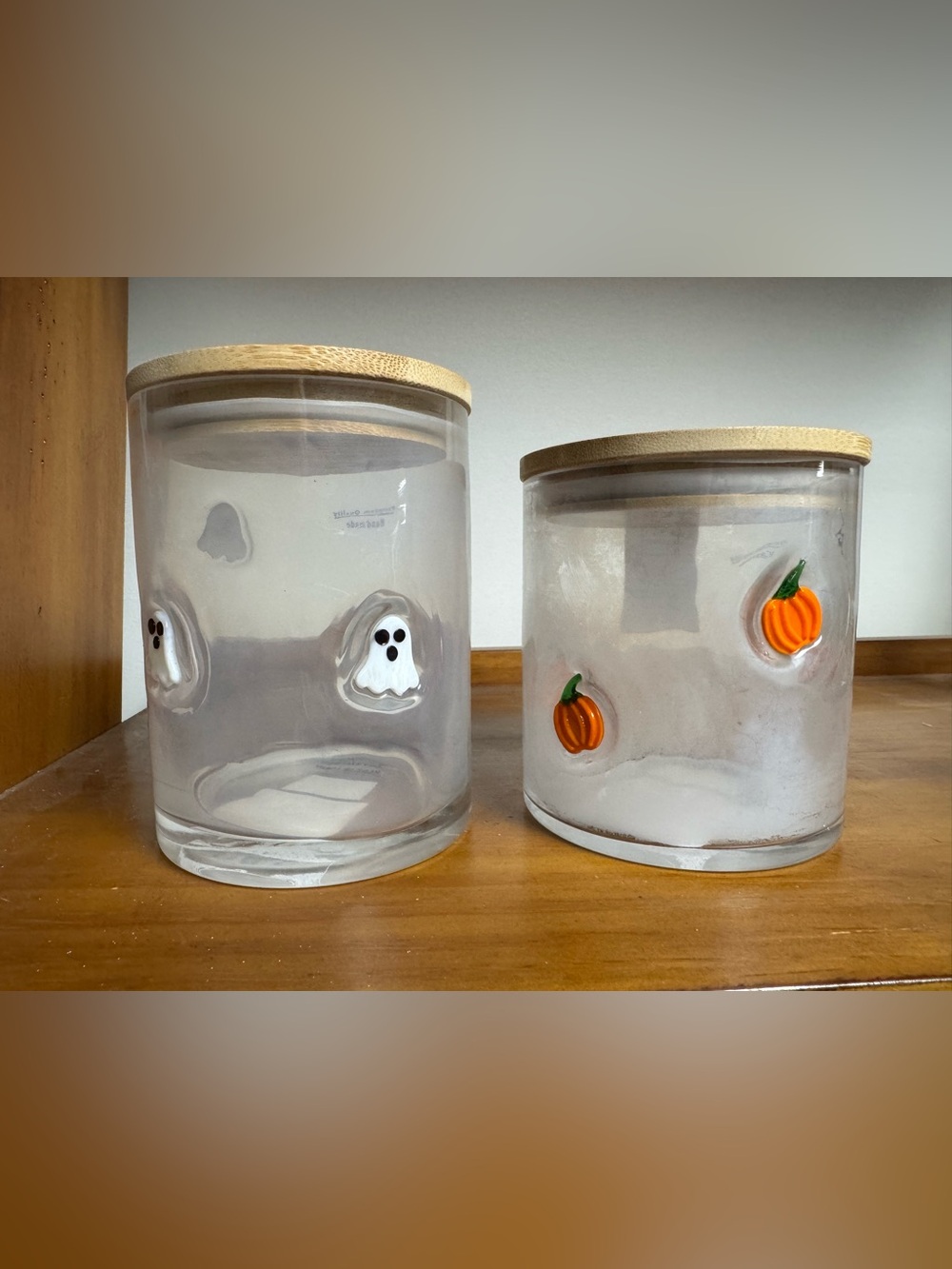 Marshalls Glass Halloween Canisters with White Ghost & Orange Pumpkin. Set of 2